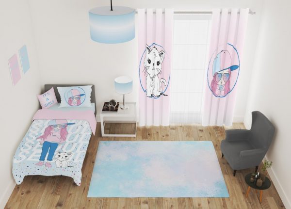 ست پرده و روتختی طرح دختر و گربه 578