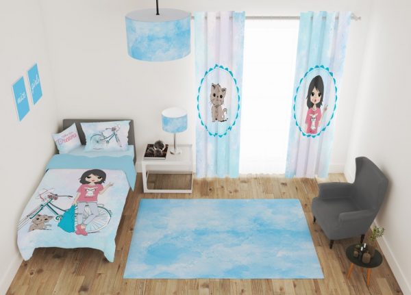 ست پرده و روتختی طرح دختر و گربه 582