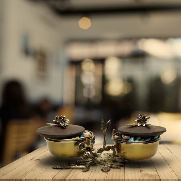 اردو ٢ تایی با پیاله برنجی درب دار طرح Acacia کد 2033